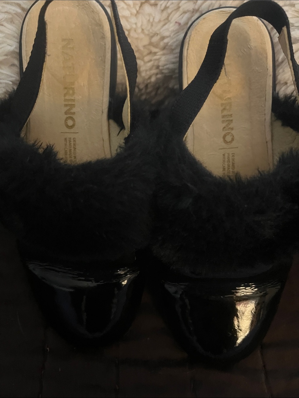 Naturino Black Patent Faux Fur Slingback Mules